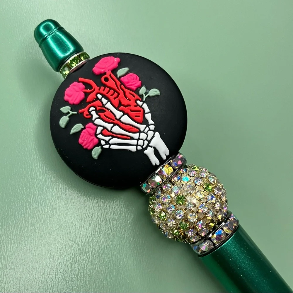 Gothic Skeleton Hand Holding Anatomical Heart & Roses Handmade Beaded Pen